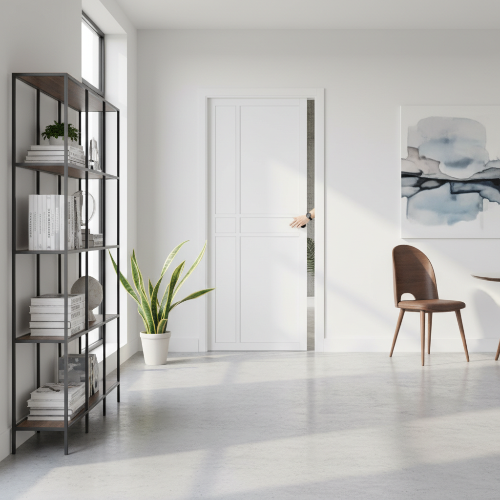 Premium White Primed Flush Pocket Door Set - Space-Saving Design with No Bottom Track and Adjustable Door Stops