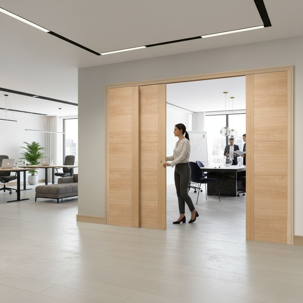 Premium Contemporary Telescopic 4 Door Pocket Door System with Oak Finish and Full Wooden Jamb Kit