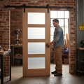 Premium Unfinished Shaker Sliding Door with 4 Light Obscure Glass Panels and Black Steel Track for Modern Interiors
