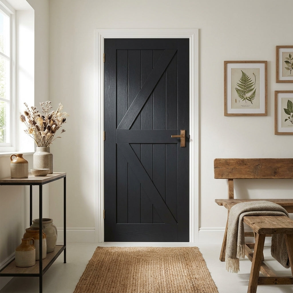 Fully Finished Black Internal Oak Barn Door with Solid Engineered Core