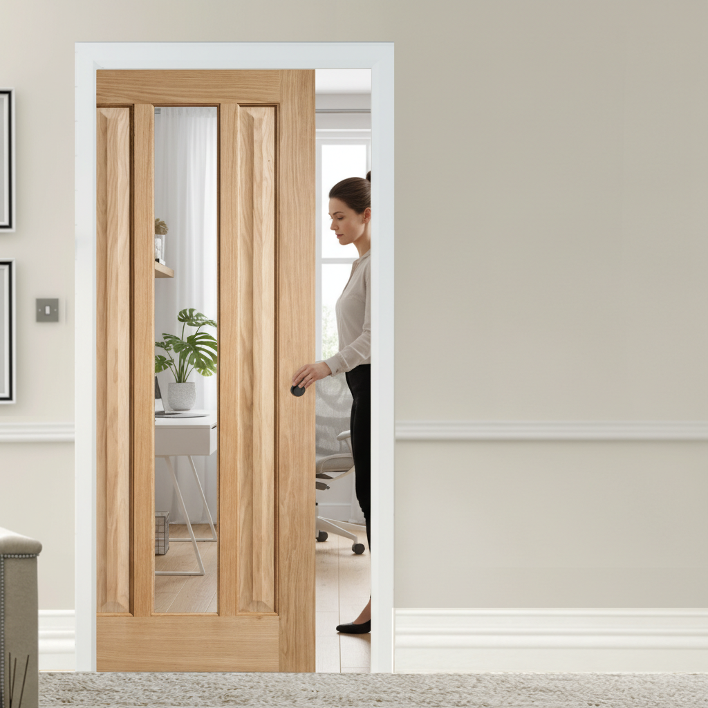 Premium Clear Glazed Pocket Door Set with Unfinished Oak Panels and Adjustable Frame Options for Space-Saving Solutions
