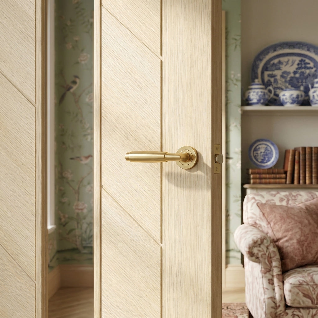 Internal Fully Finished Blonde Oak Door with Clear Glass Toughened Panel - detail view