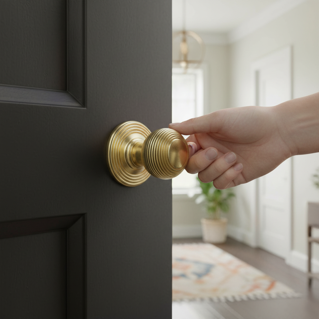Round Reeded Mortice Door Knob with Polished Brass Finish - 50mm Round Rose Design for Traditional Style - Image 2