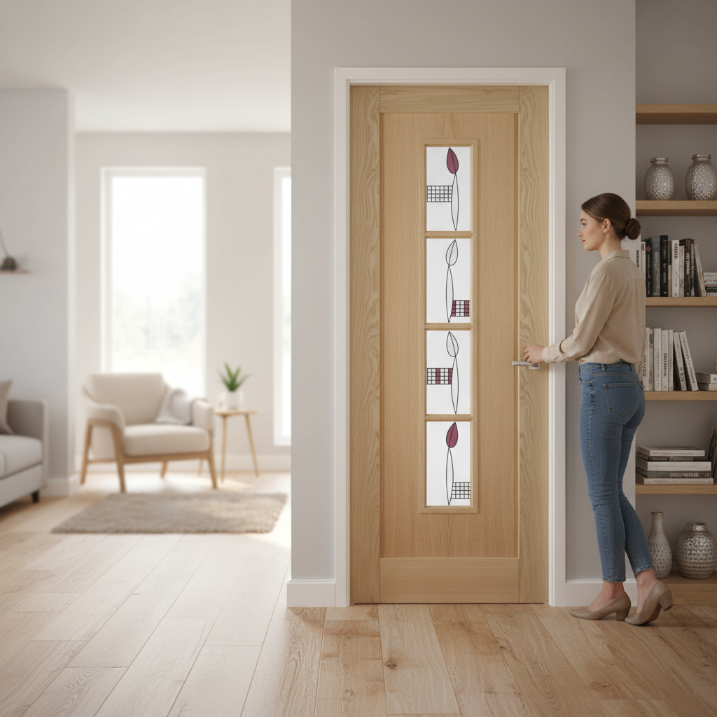 Premium Unfinished Oak Internal Decorative Door with 4 Light Toughened Glass Panels for Enhanced Light Flow and Custom Finishing