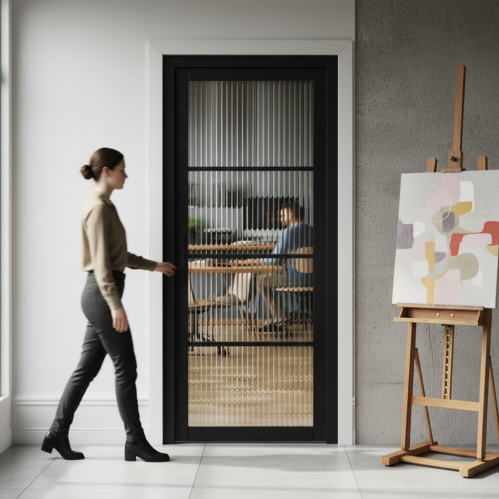 Premium Internal Fully Finished 4 Light Reeded Glass Industrial Studio Door with Jet Black Finish for Contemporary Interiors