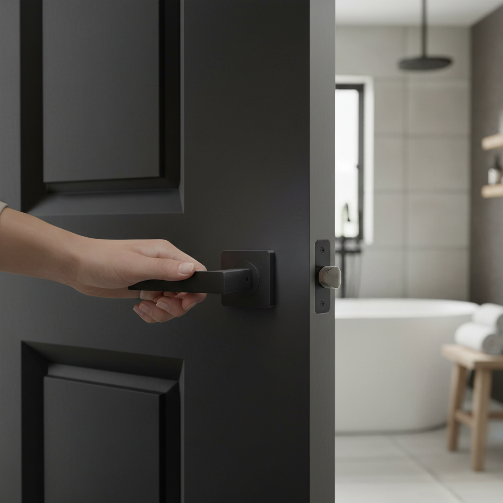 Premium Internal Bathroom Lever Handle on Square Rose Pack - Stylish Matt Black Finish with Privacy Lock and Hinges - Image 2