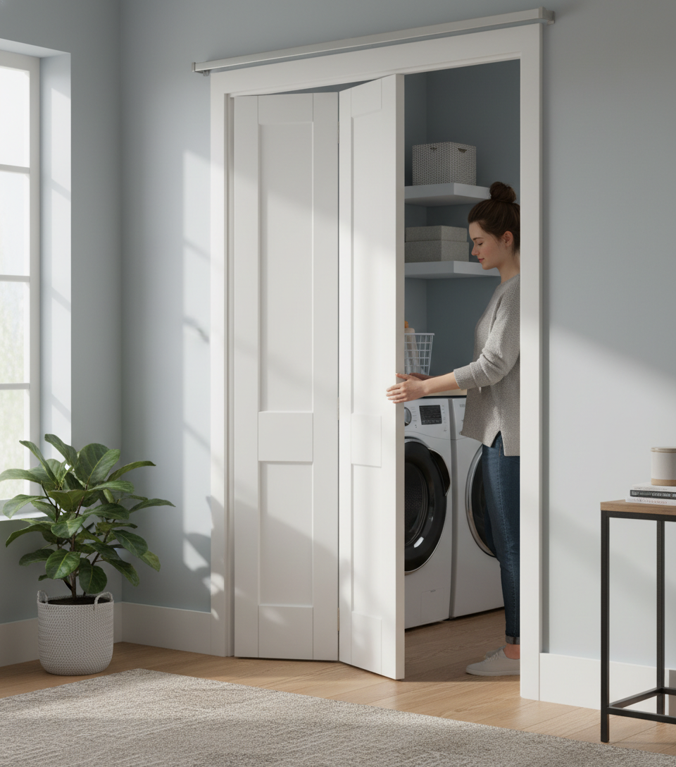 Premium White Shaker Bifold Door - Contemporary Design with Complete Track System for Modern Homes