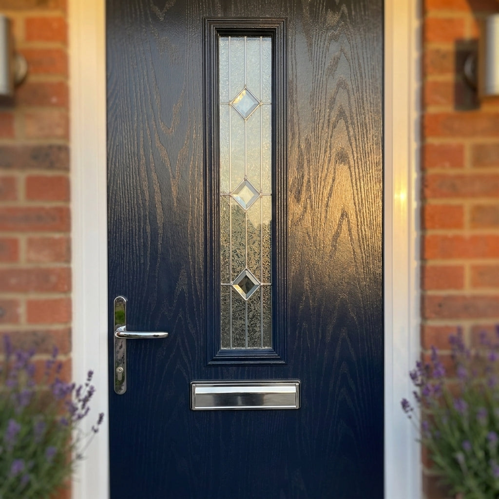 Fergus Blue Pre-Hung External Composite Front Door Set with Venice Glass - detail view