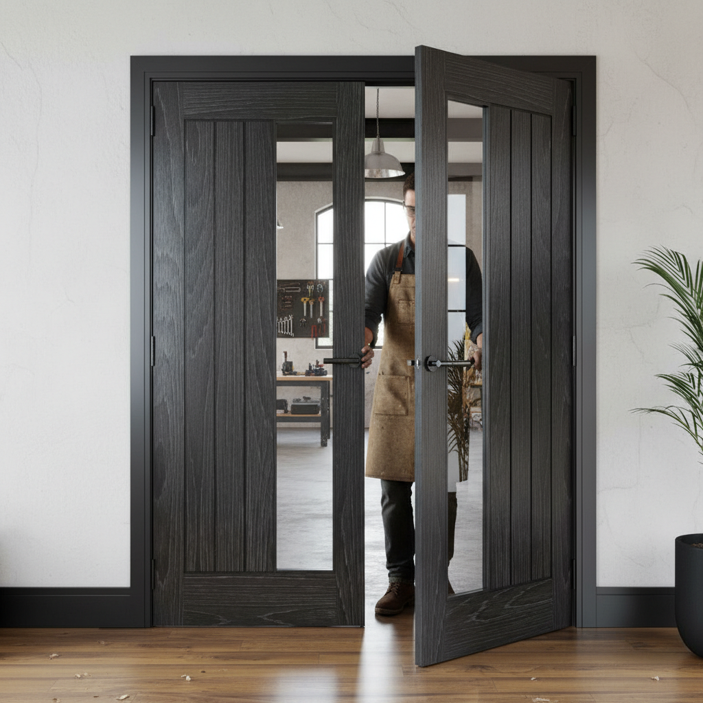 Premium Clear Glazed Door Pair with Brushed Black Oak Finish - Fire Door Options Available