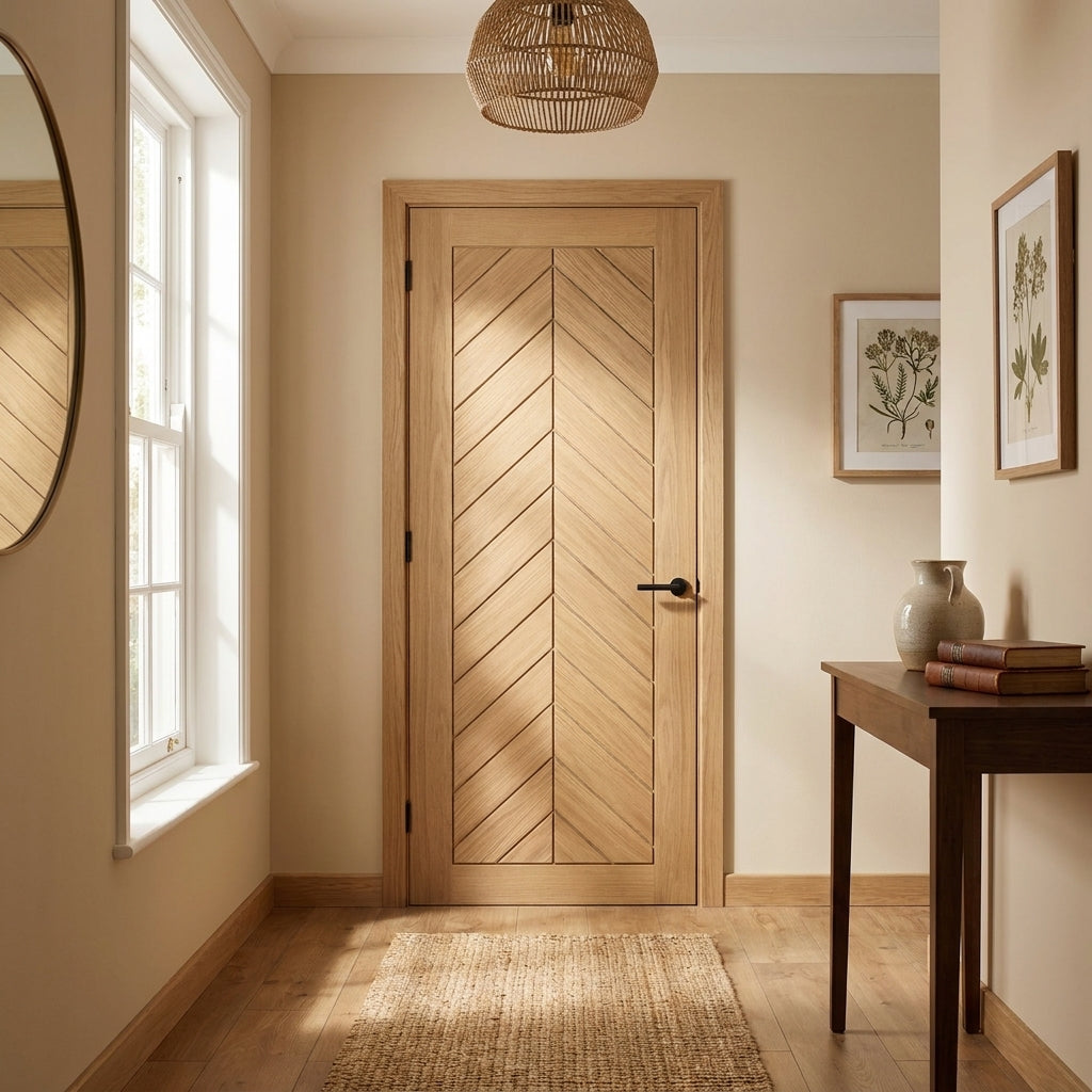 Internal Oak FD30 Fire Door Fully Finished Solid Core Chevron Design