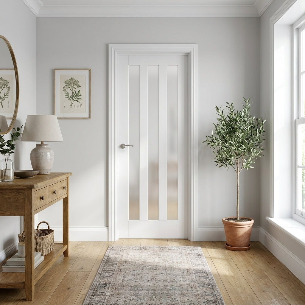 Internal White Door, Made-to-Measure, Primed Finish with 3 Light Obscure Glass