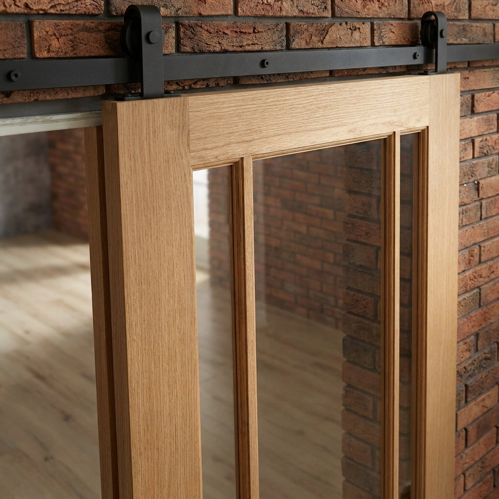 Oak Internal Sliding Door Unfinished 3 Light Clear Glass Black Top Mounted - detail view