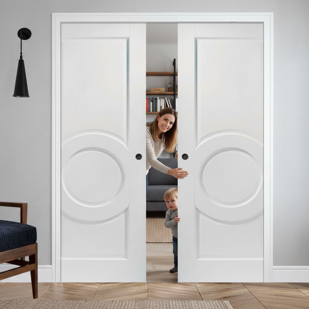 Premium White Double Pocket Door Set with Curved Panels and Galvanized Steel Frame for Space-Saving Design