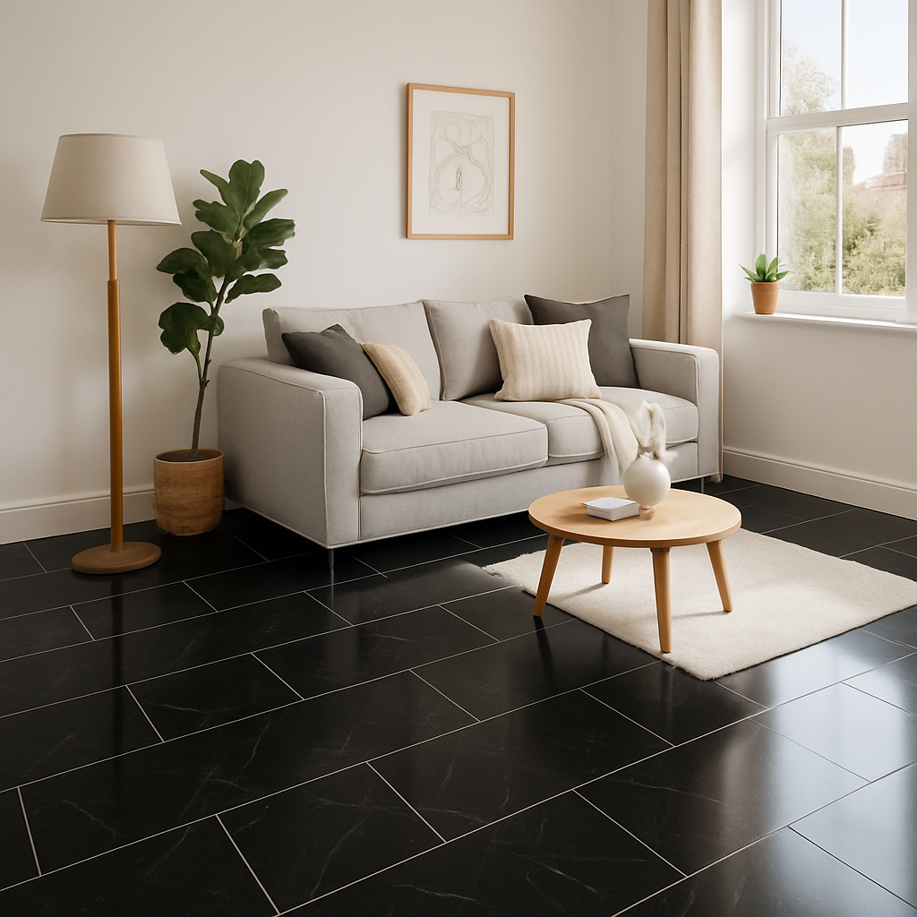 Black Gloss Marble Rigid Core LVT Flooring - 5.5mm Pre-Grouted, UV Coated