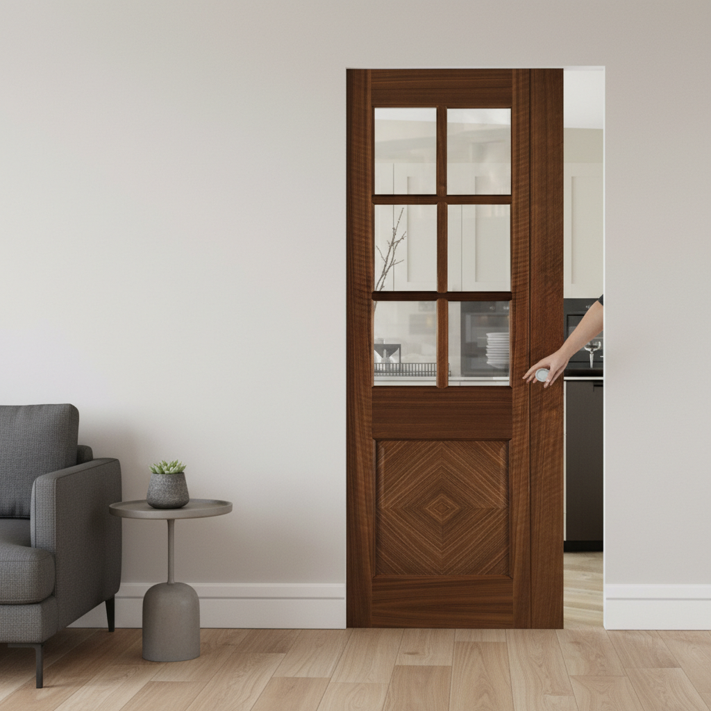 Premium Walnut Glazed Flush Pocket Door Set with Bevelled Glass Panes and Innovative Track System