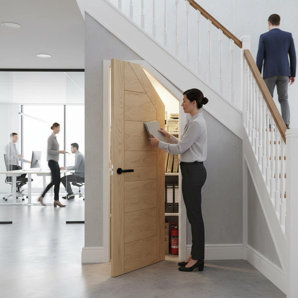 Premium Angled Under-Stair Made-to-Measure Cupboard FD30 Fire Door in Oak - Stylish and Safe Solution for Home Storage