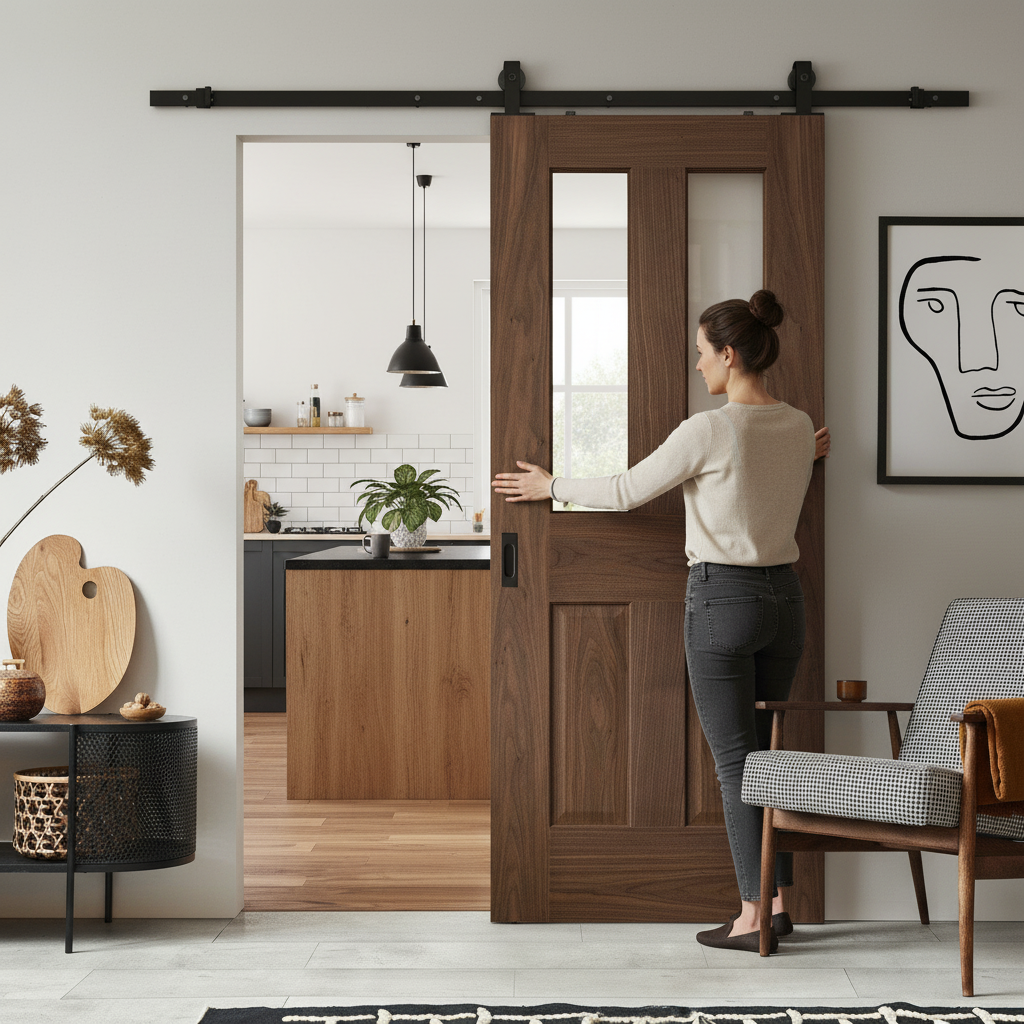 Premium Internal Fully Finished Victorian Sliding Door with Clear Glass Panels and Space-Saving Black Steel Track - Image 2