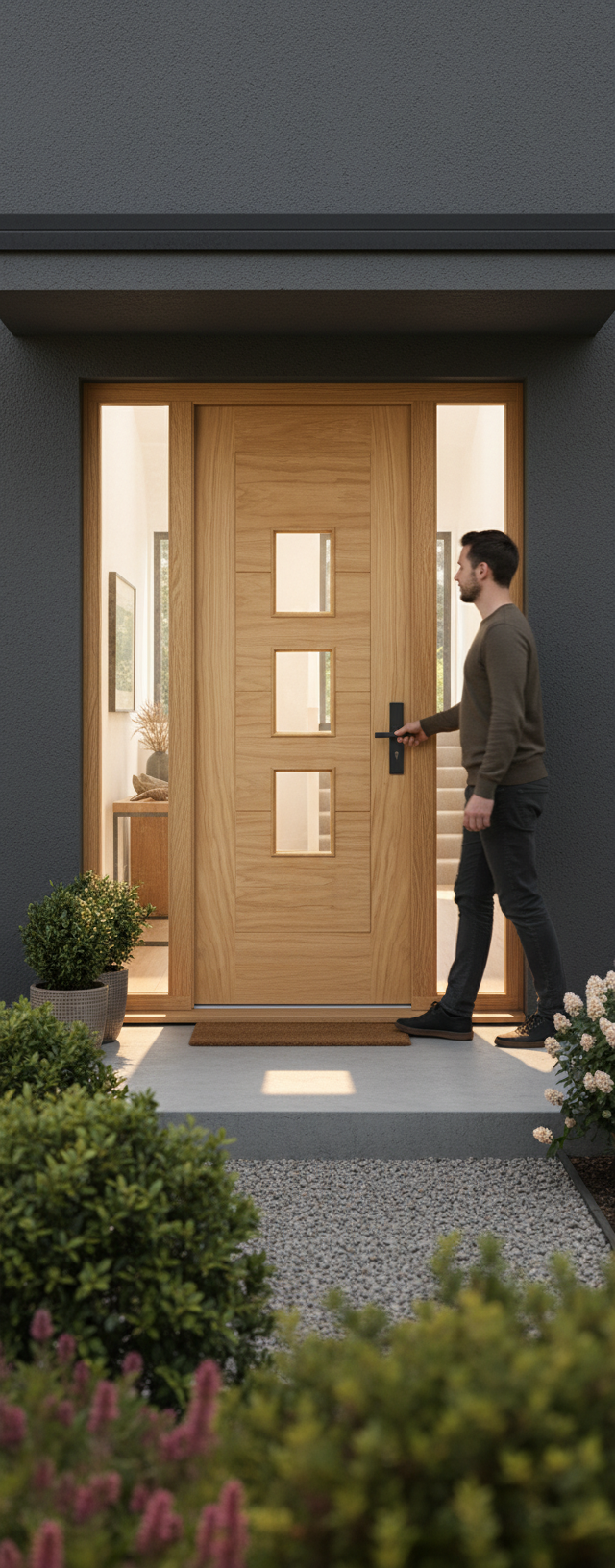Premium External Door with Frosted Double-Glazed Panels, Solid Oak Construction, and Engineered Frame for Stability and Elegance