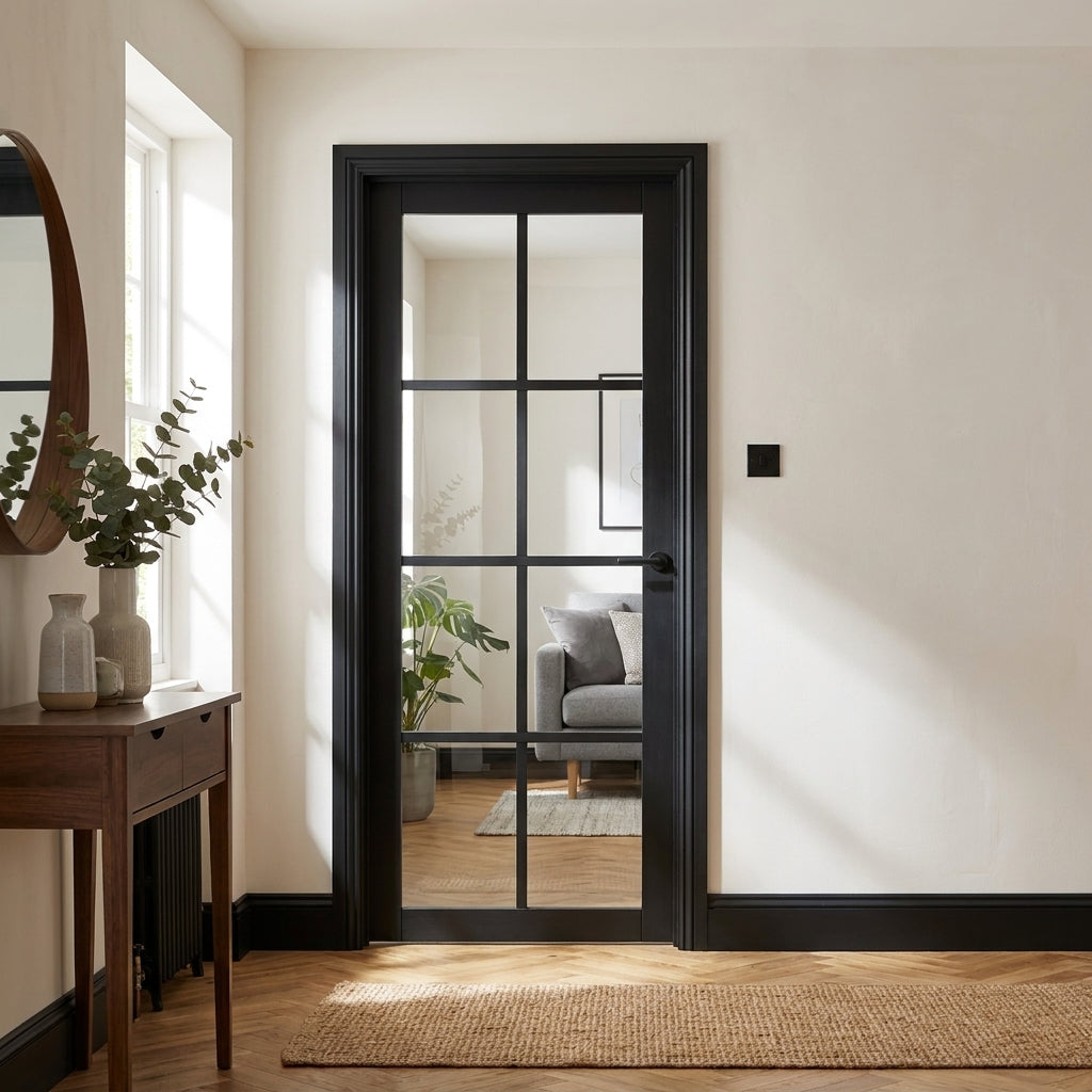 Internal Made-to-Measure Jet Black Door Fully Finished with 8 Light Clear Glass