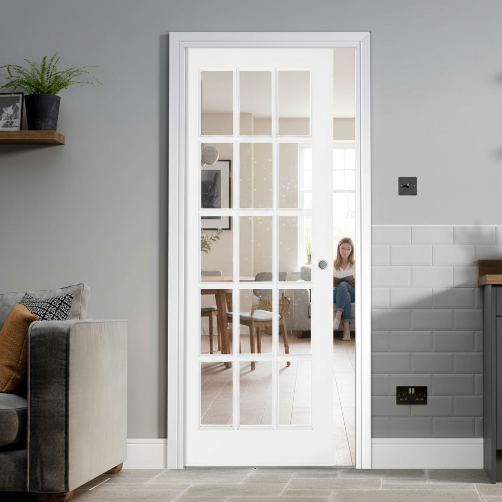 Premium Clear Glazed Pocket Door Set with 15 Panels, Galvanised Steel Frame, and Adjustable Jamb Options for Seamless Installation