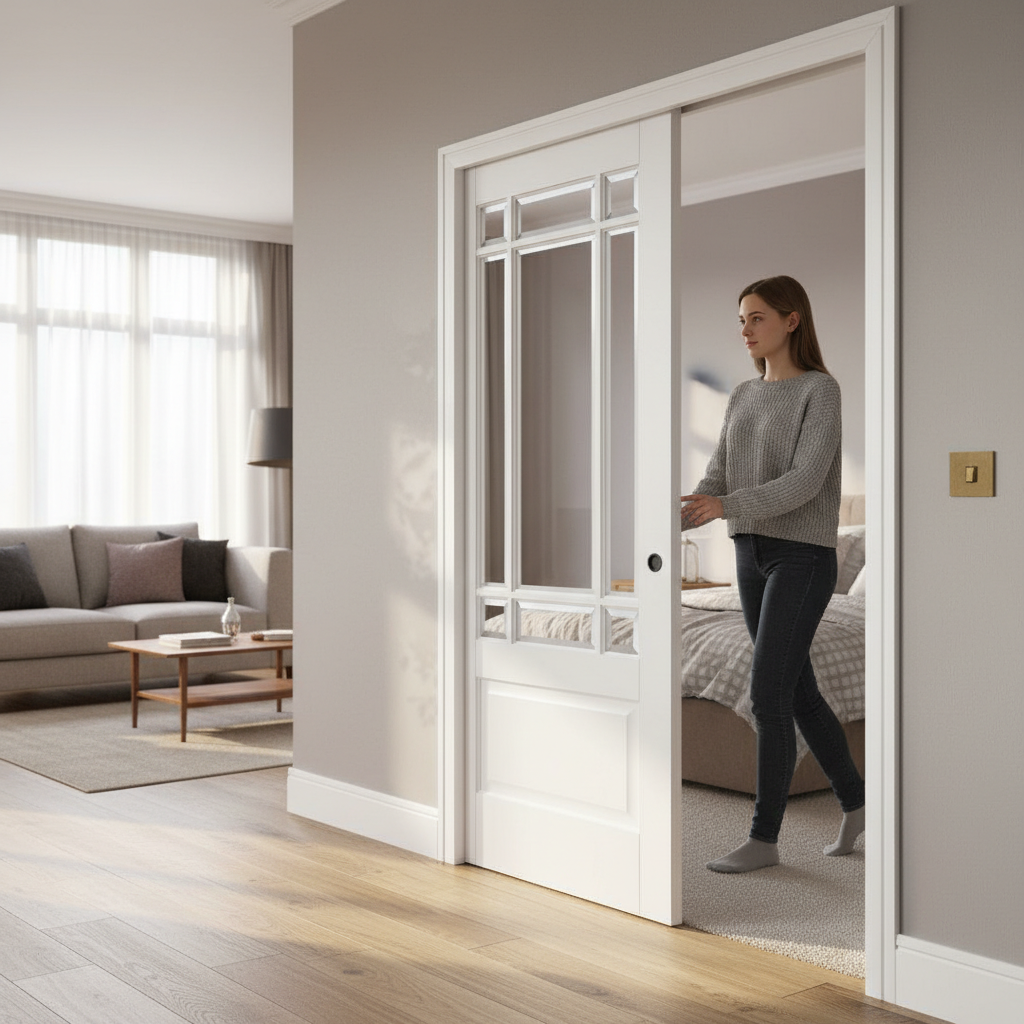 Professional Solid White Pocket Door Set with Bevelled Glazed Panels and Galvanised Steel Frame - Ideal for Home Aesthetic and Functionality
