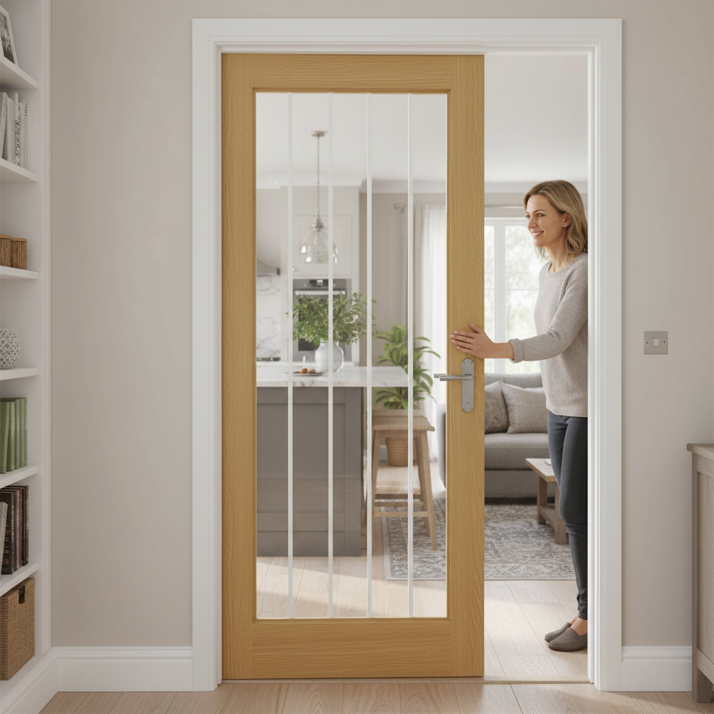 Premium Fully Finished Oak Glazed Door 1L with Toughened Glass and Solid Core Construction