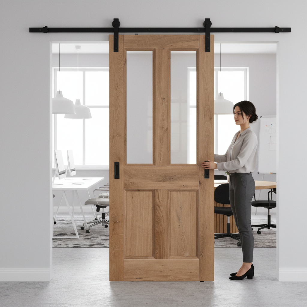 Fully Finished Rustic Oak 4 Panel Clear Glazed Sliding Door Set - Elegant Design with Smooth Functionality - Image 2