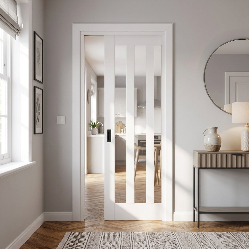 Internal Pocket Door Set, White Primed, 3 Light Clear Glass, 100mm Thick