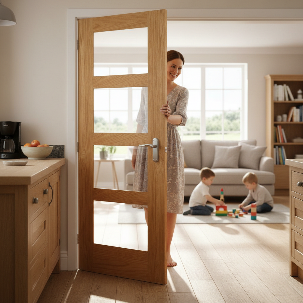 Premium Internal Fully Finished Oak Shaker 4L Clear Glazed Door with A-Grade American Veneer and Tempered Safety Glass