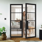 Premium Industrial Style Clear Glazed Door Pair with Solid Engineered Core and Prefinished Black Design