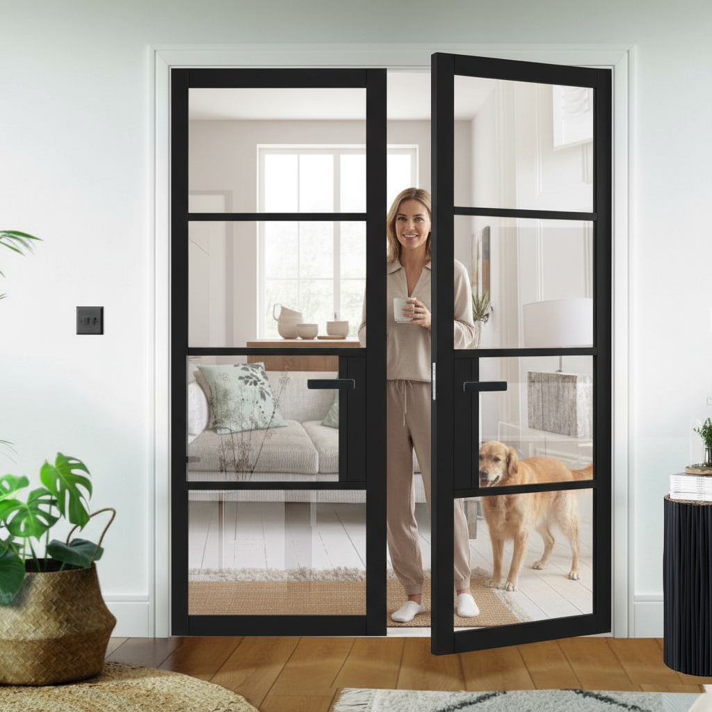 Premium Industrial Style Clear Glazed Door Pair with Solid Engineered Core and Prefinished Black Design