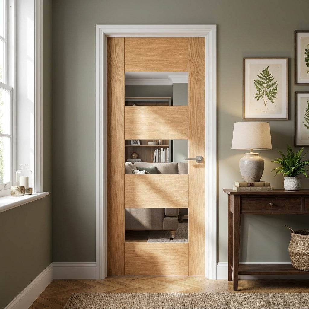 Internal Oak Door Made-to-Measure, Fully Finished, Edison 7 Panel, 3 Light Clear Glass