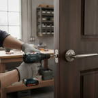 Premium Valiant Lever On Round Rose Handle Set - Two-Tone Satin with Latch and Hinges for Internal Doors