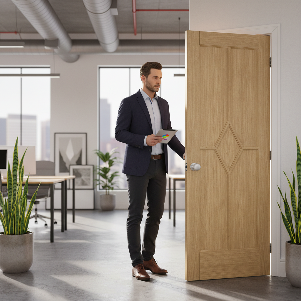 Premium Oak 5 Panel Fire Door with Decorative Beading and 30-Minute Fire Rating - High-Quality Professional Grade for Industrial and Commercial App...