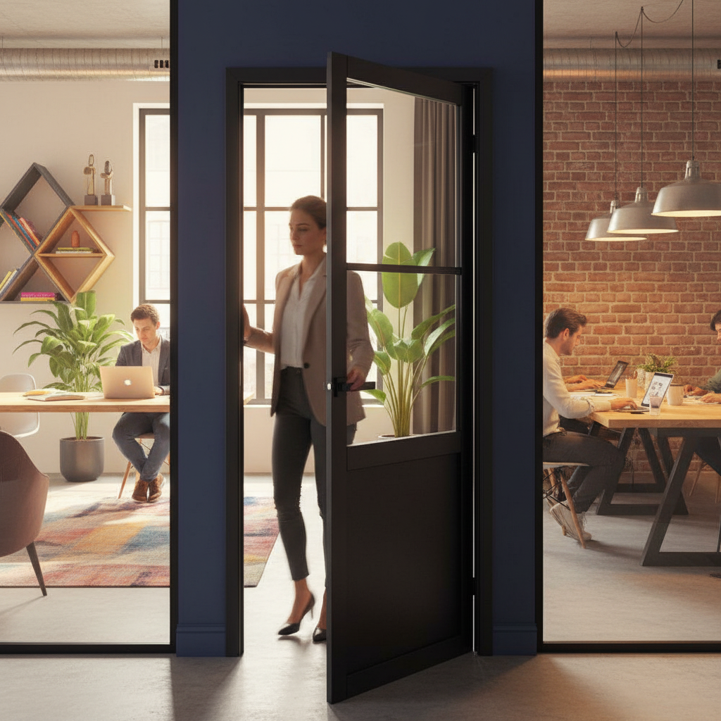Premium Internal Industrial Studio Door with 1 Panel and 2 Clear Glass Lights - Fully Finished in Jet Black