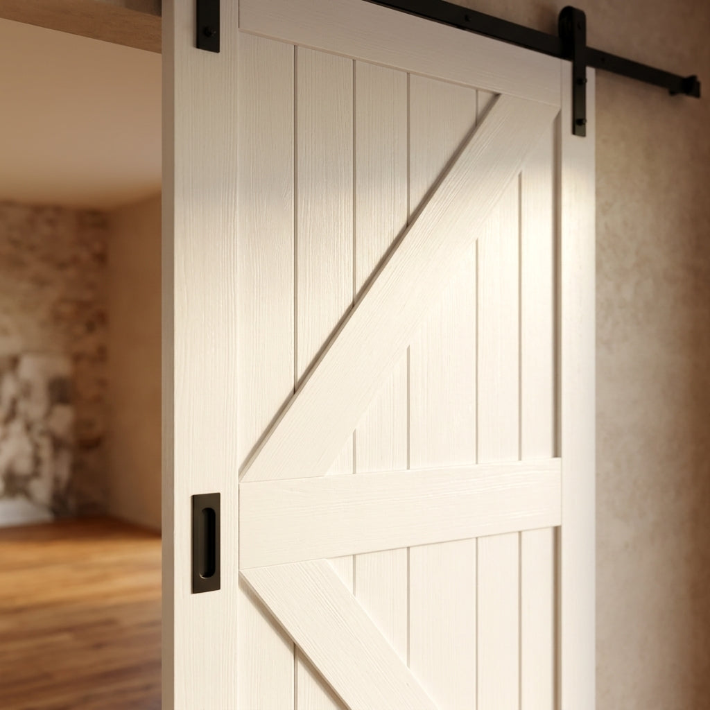 White Internal Sliding Barn Door, Primed Finish, Black Face Mounted - detail view