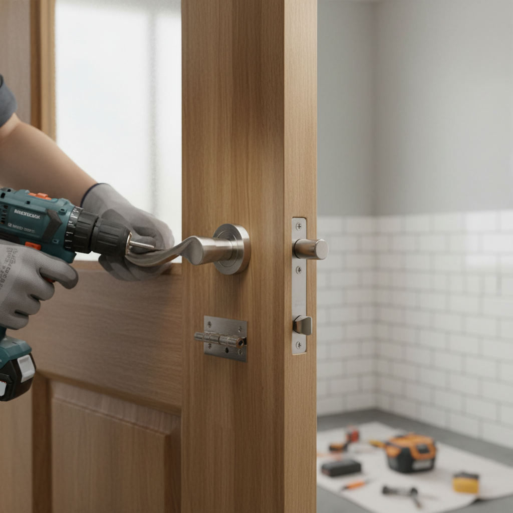 Premium Round Lever Bathroom Door Handle Set with Satin Nickel Finish, Includes WC Turn & Release and Ball Bearing Hinges
