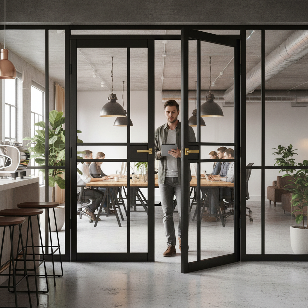 Premium Clear Glazed Industrial Style Door Pair with Solid Core and Pocket Door Compatibility