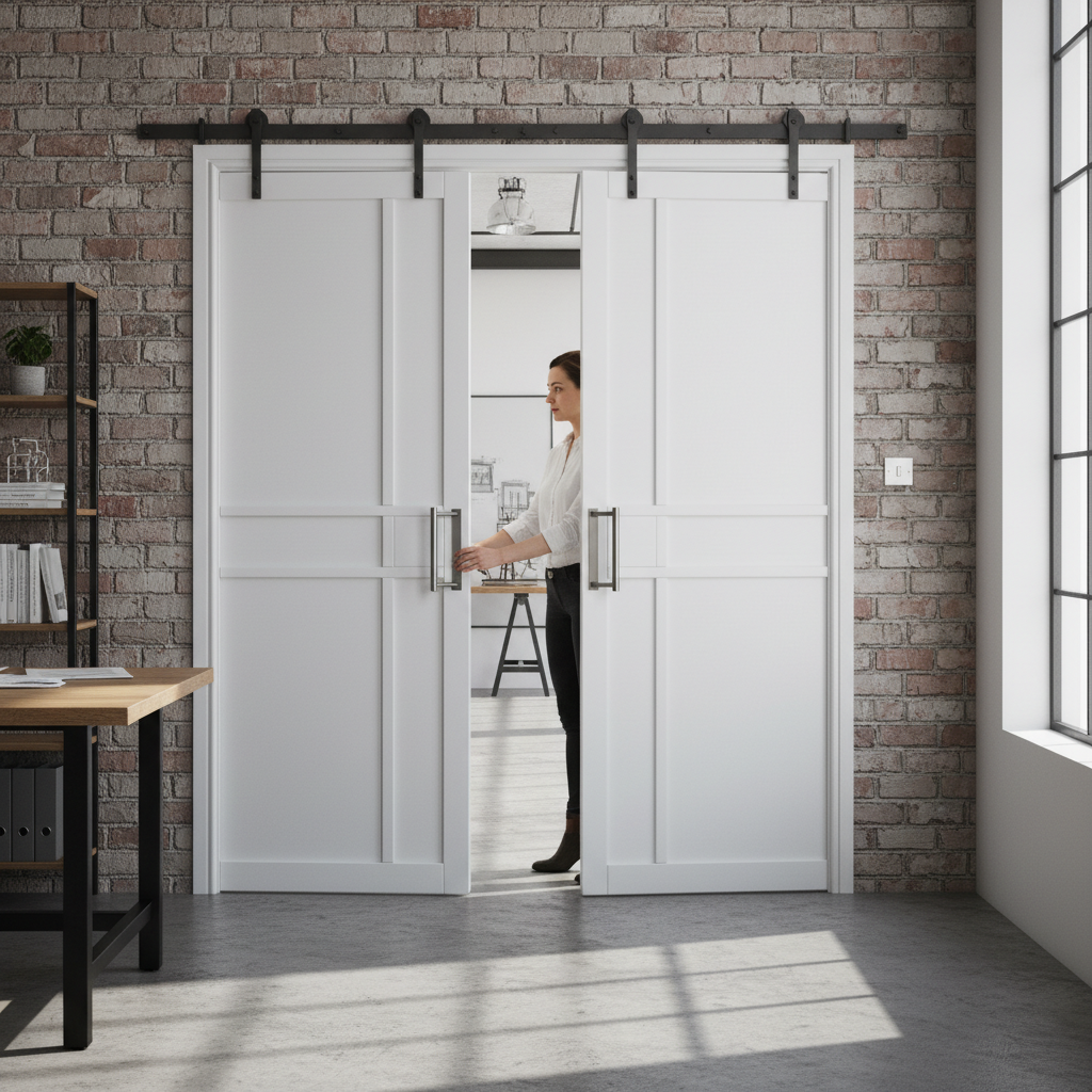 Premium Industrial Style Double Pocket Door Set with Galvanized Steel Frame and Timber Jamb Kit for Modern Interiors