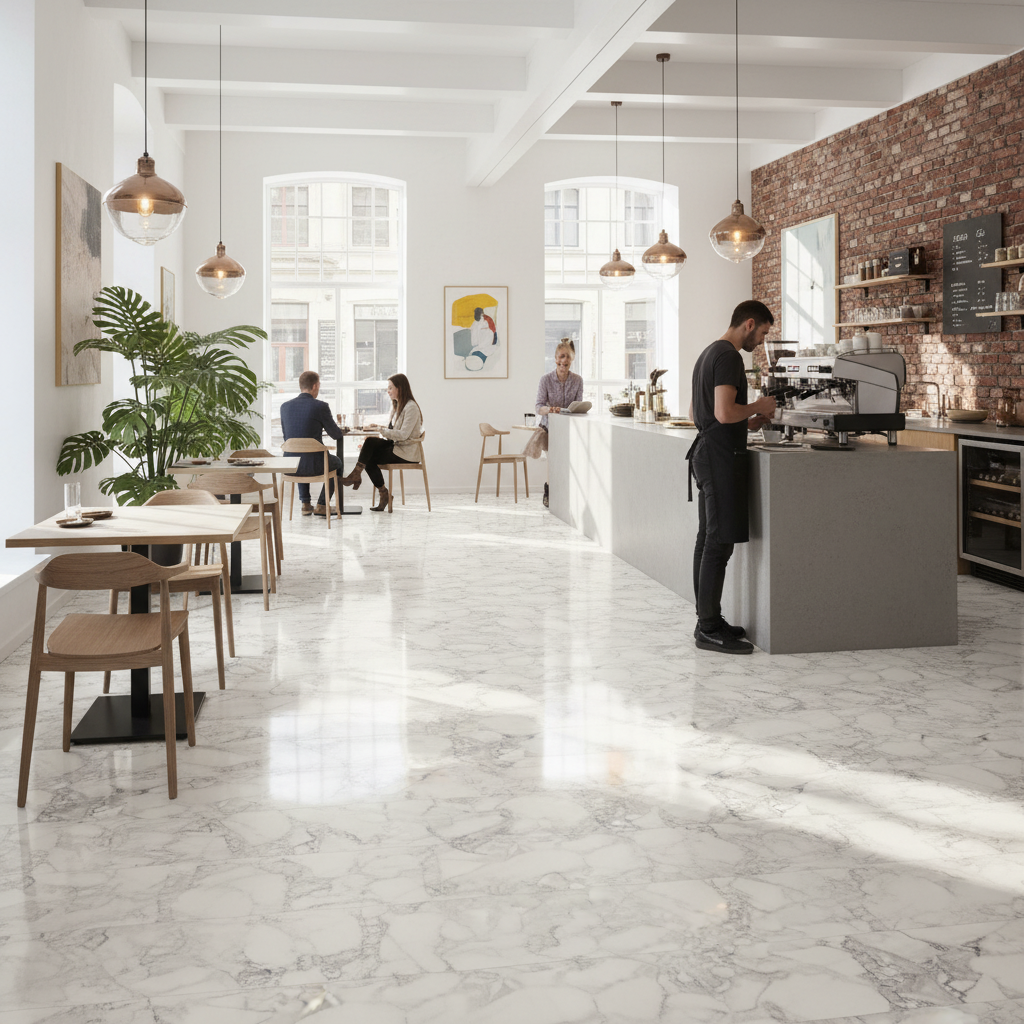 Premium 8.5mm High Gloss Wide Laminate Flooring with Marble Effect and Water-Resistant Technology for Elegant Interiors