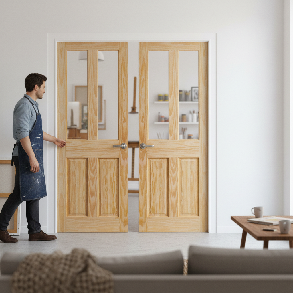 Premium Internal Clear Pine Unfinished 2 Panel 2 Light Obscure Glass Pair Door with Customizable Finish and Durable Construction