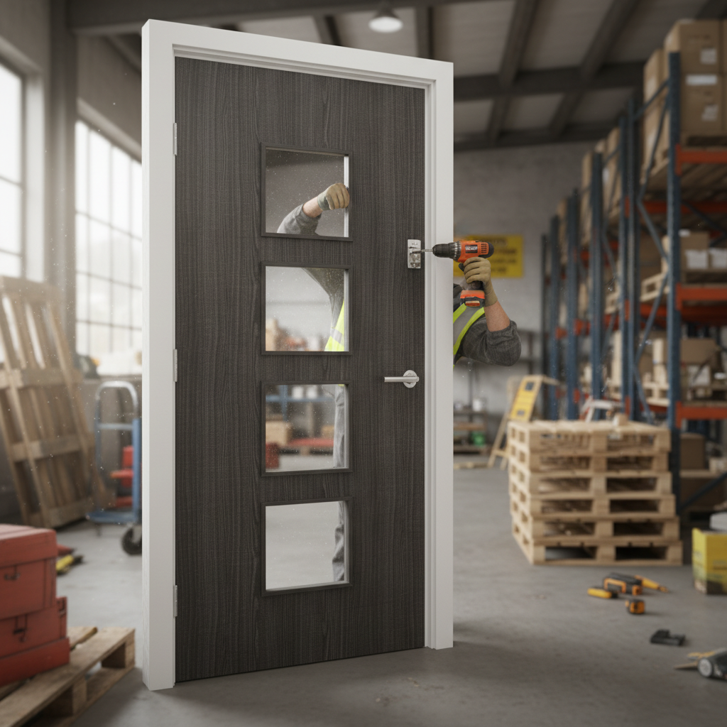 Premium Custom Made Dark Grey Flush Glazed Fire Door with Solid Core and Clear Fire Glass Finish