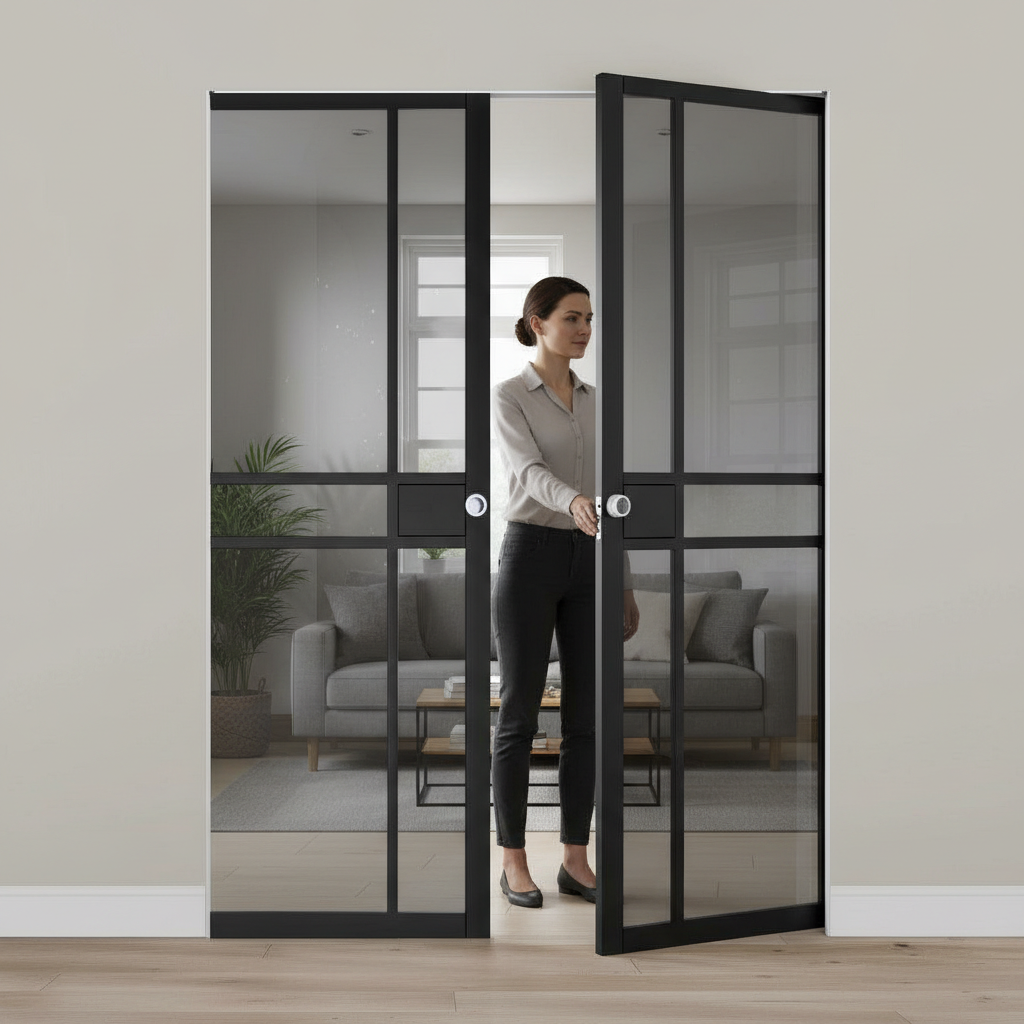 Premium Double Flush Pocket Door Set with Tinted Glass and No Bottom Track - Space-Saving Design for Modern Interiors