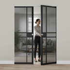 Premium Double Flush Pocket Door Set with Tinted Glass and No Bottom Track - Space-Saving Design for Modern Interiors