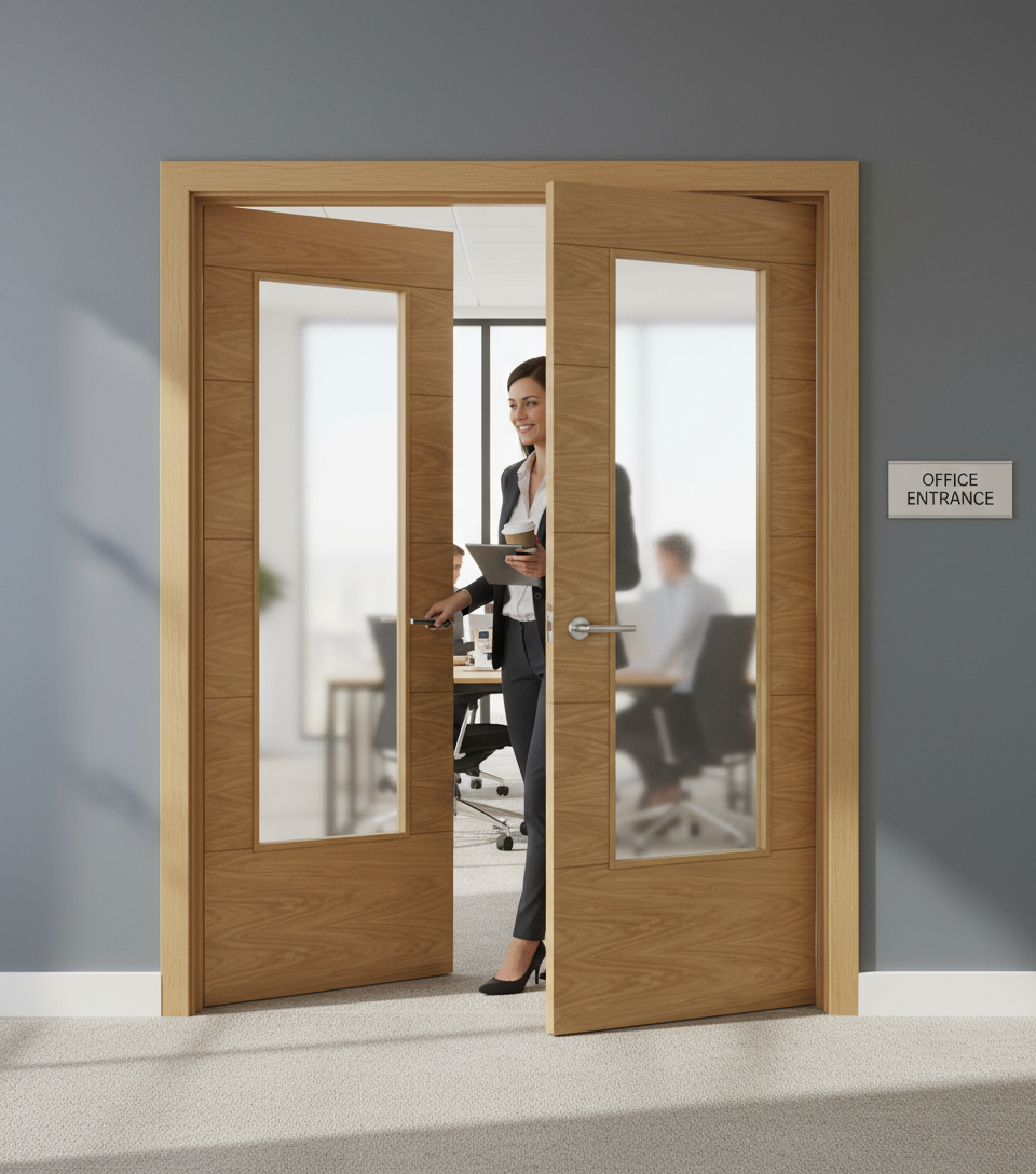 Premium Contemporary Oak French Internal Door Pair with V Grooves and Cross Veneers for Modern Interiors