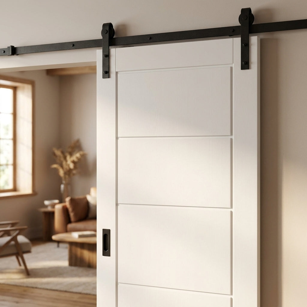 White Internal Sliding Door - Moulded Lifestyle Ladder Design, Black Face Mounted - detail view