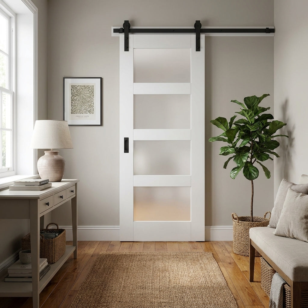 Internal White Sliding Door with 4 Light Obscure Glass and Primed Finish