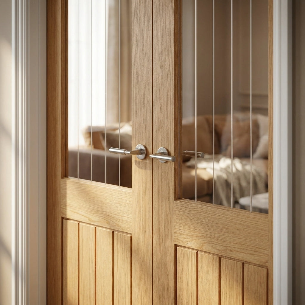 Internal Oak Pair Door Fully Finished 1 Panel 1 Light Obscure Glazed - detail view