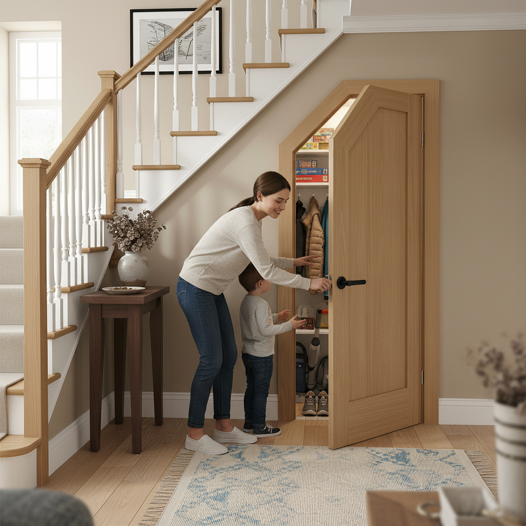 Premium Made-to-Measure Oak Under-Stair Cupboard Door with Angled Design for Custom Storage Solutions - Image 2