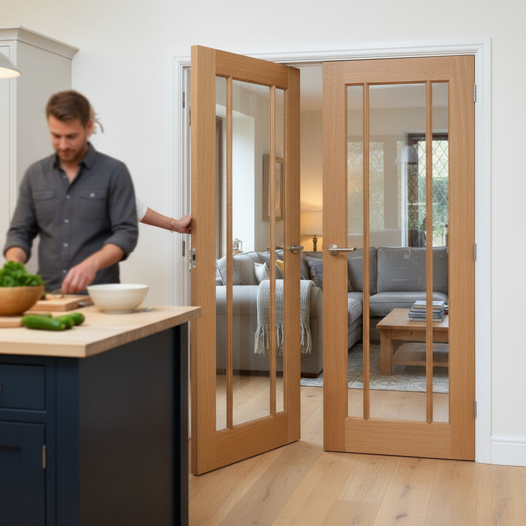 Premium Glazed Internal Door with Clear Safety Glass and Real Oak Veneer for Enhanced Light Flow and Privacy Options